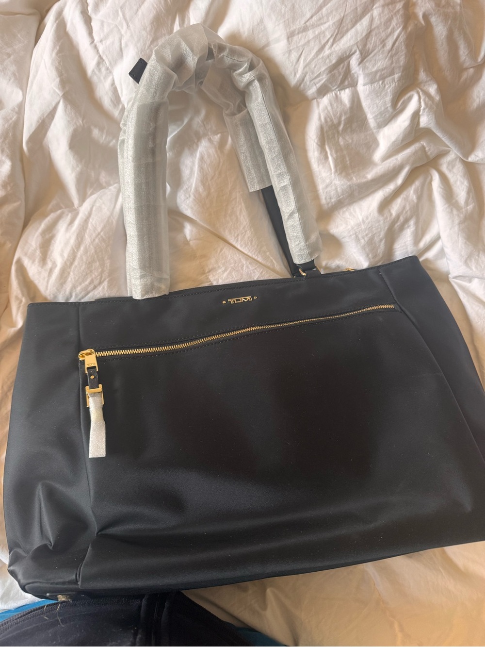 Tumi Black Nylon Tote with Gold-Zip Accent